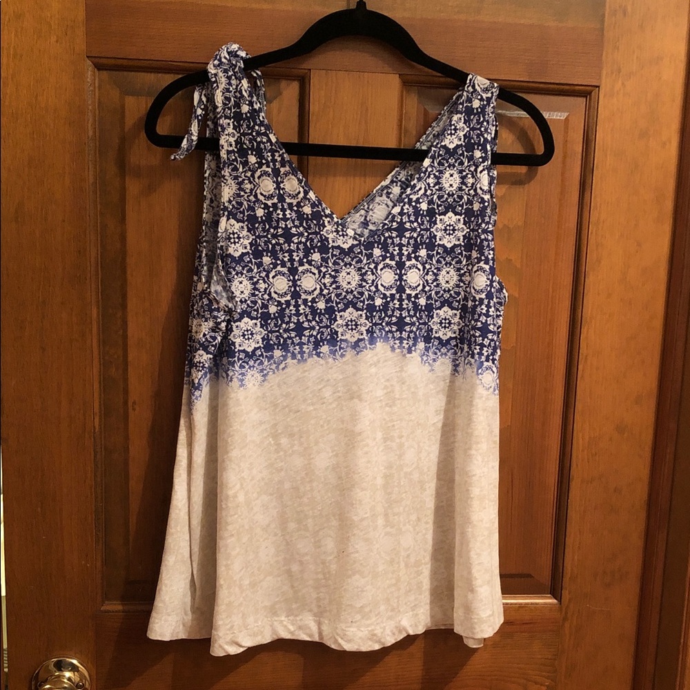 Sonoma Blue & Cream V-Neck Tie-Shoulder Tank Top